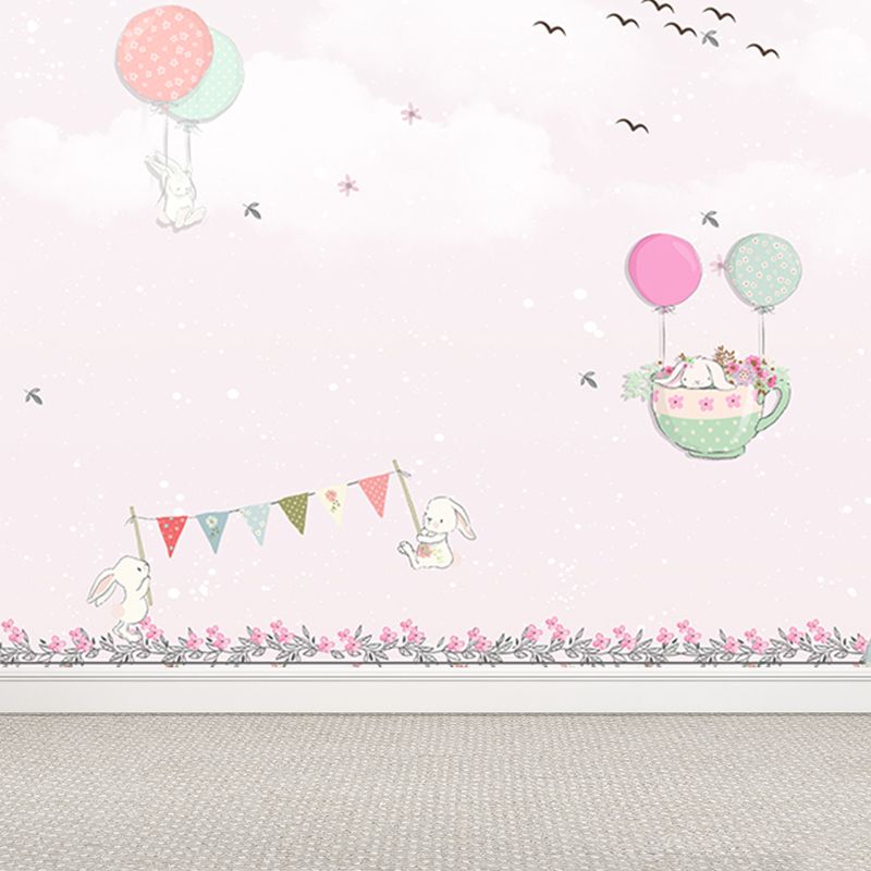 Non-Woven Large Pastel Mural Cartoon Rabbit and Hot Air Balloon Wall Decor, Custom Size