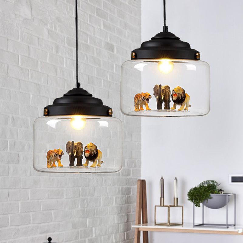 Jar Shaped Clear Glass Pendulum Light Nordic Style 1 Light White/Black Suspension Lamp with Animals Deco