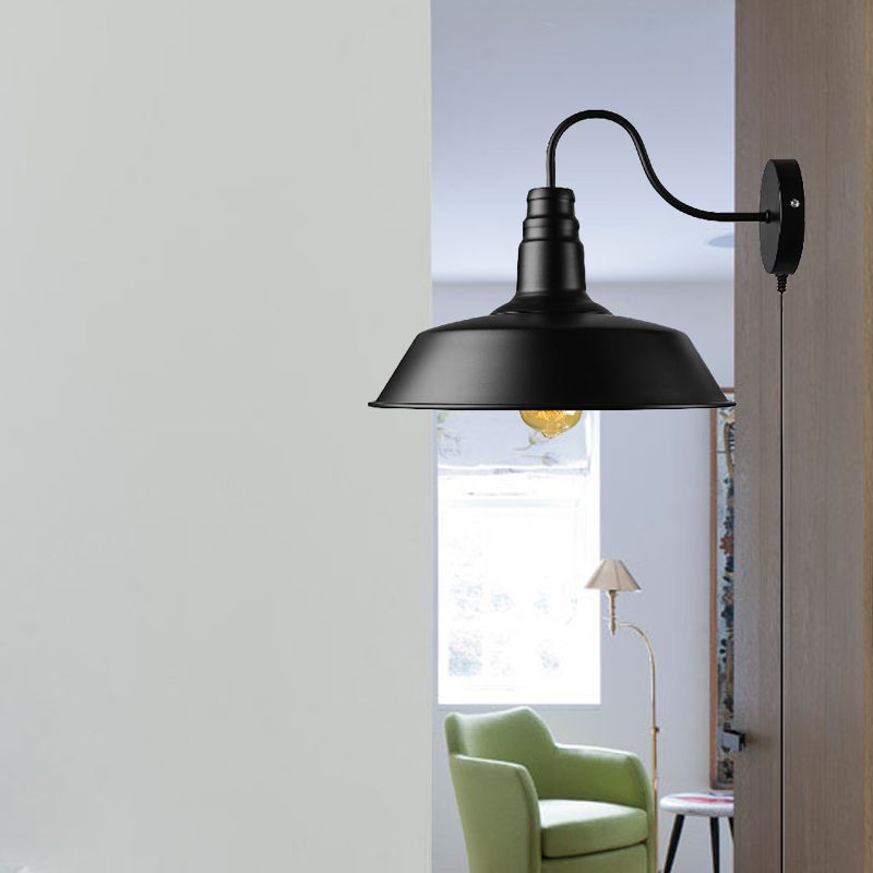 1 Head Barn Sconce Light Retro Style Black Finish Metal Wall Lamp with Plug-In Cord for Dining Room