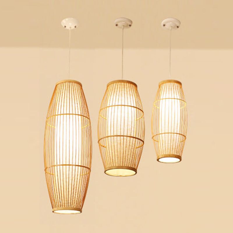 Chinese Elongated Pendant Lighting Fixtures Rattan Hanging Light with Hanging Cord for Restaurant