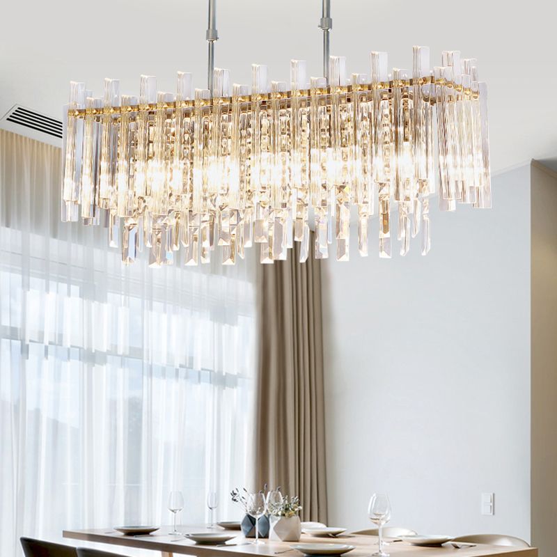 5 Lights Dining Room Chandelier Light Modern Chrome Hanging Light with Round/Rectangle Prism Crystal
