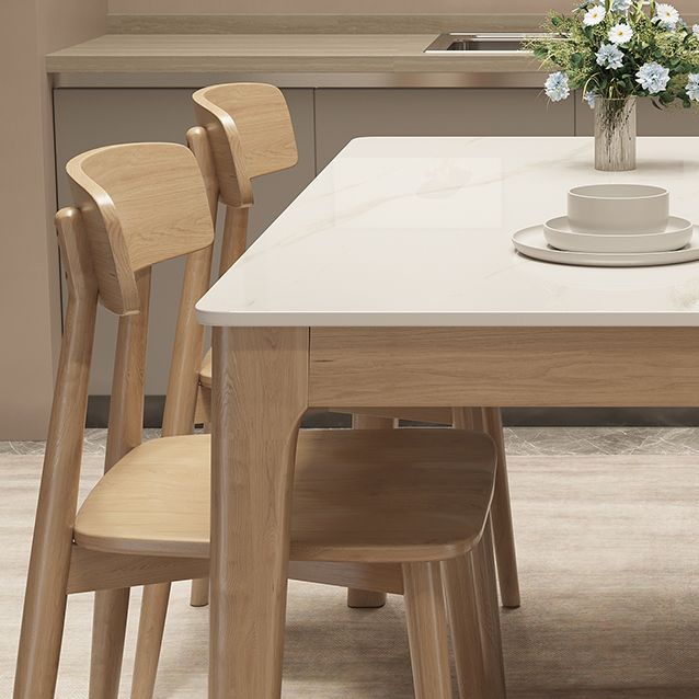Modern White Stone Top Dining Table Rectangular Tabletop with Wood Legs