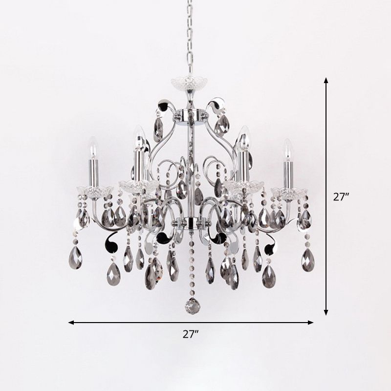6 Lights Candle-Style Hanging Chandelier with Swirled Arm Smoke Grey Crystal Contemporary Dining Room Suspension Lamp