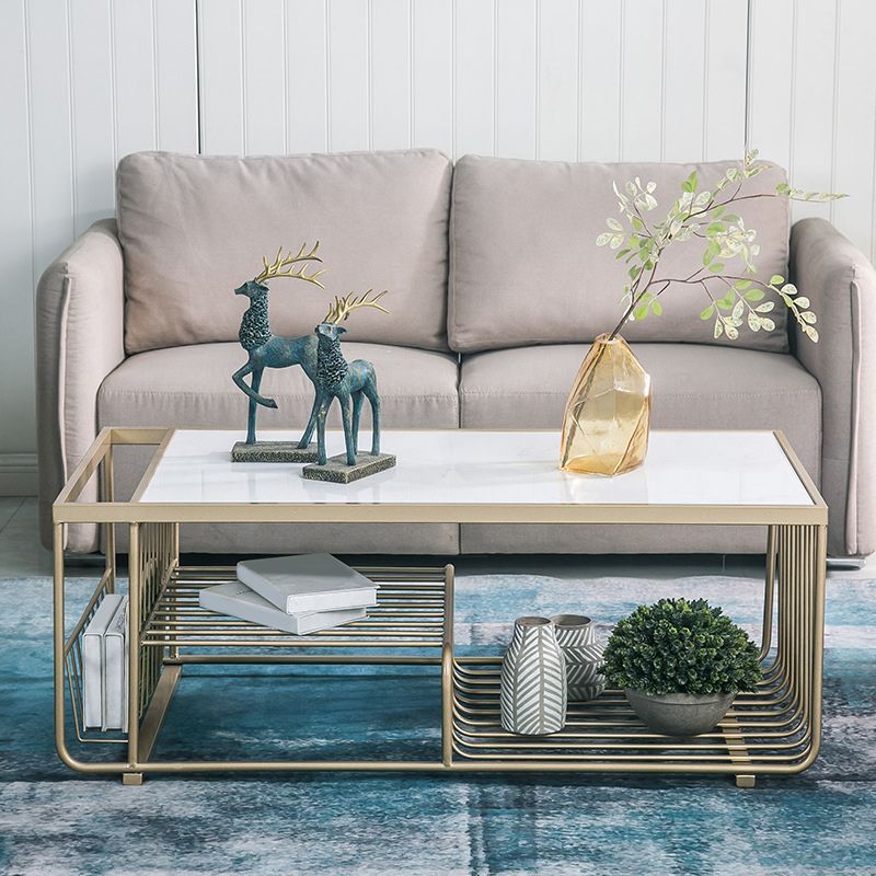 Rectangle Cocktail Table with 3 Iron Shelves and Marble Top Coffee Table