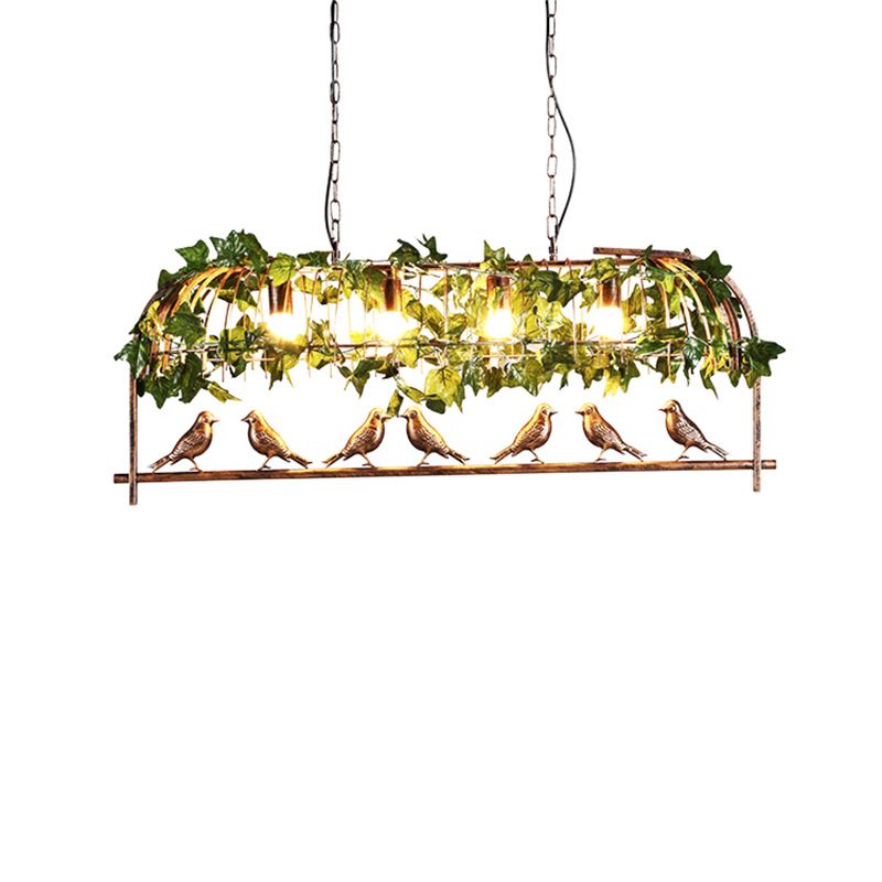 Bronze Birdcage Island Light Fixture Country Iron 4-Bulb Bar Suspension Light with Bird and Faux Ivy