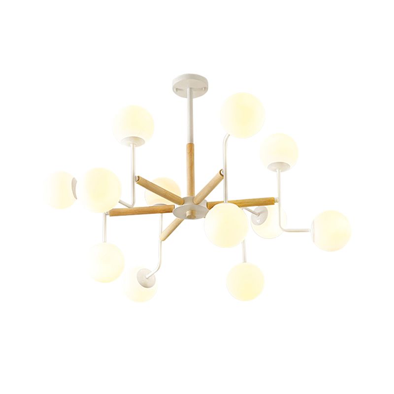 Nordic Starburst Wood Ceiling Mount Light 12 Heads Semi Flush Chandelier in Weiß mit Ball Milky Glas Shade