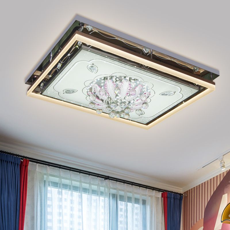 Stainless-Steel Rectangular Ceiling Lamp Modern Clear Crystal Draping Living Room LED Flush Mount
