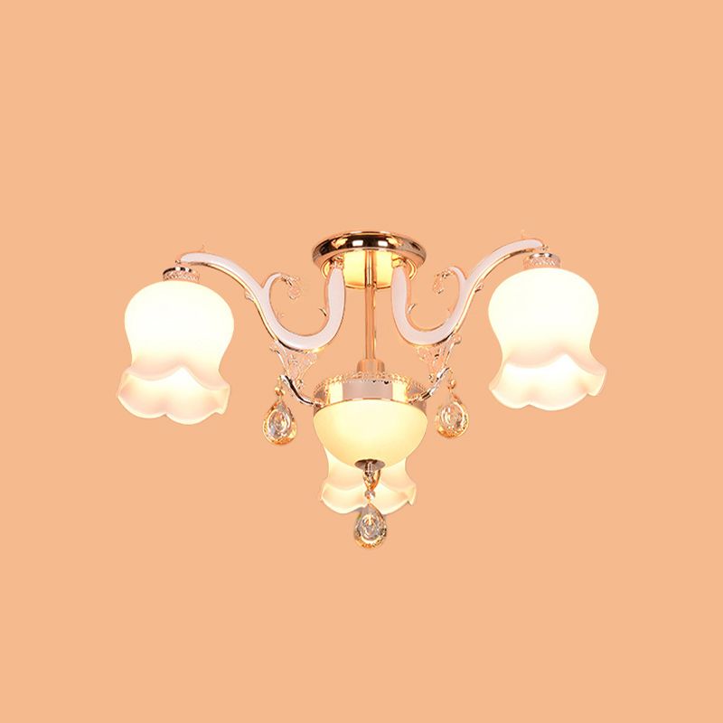 Traditional Scalloped Semi Flush 4/7 Light Opal Glass Ceiling Flush Mount Light in Gold with Crystal Drop