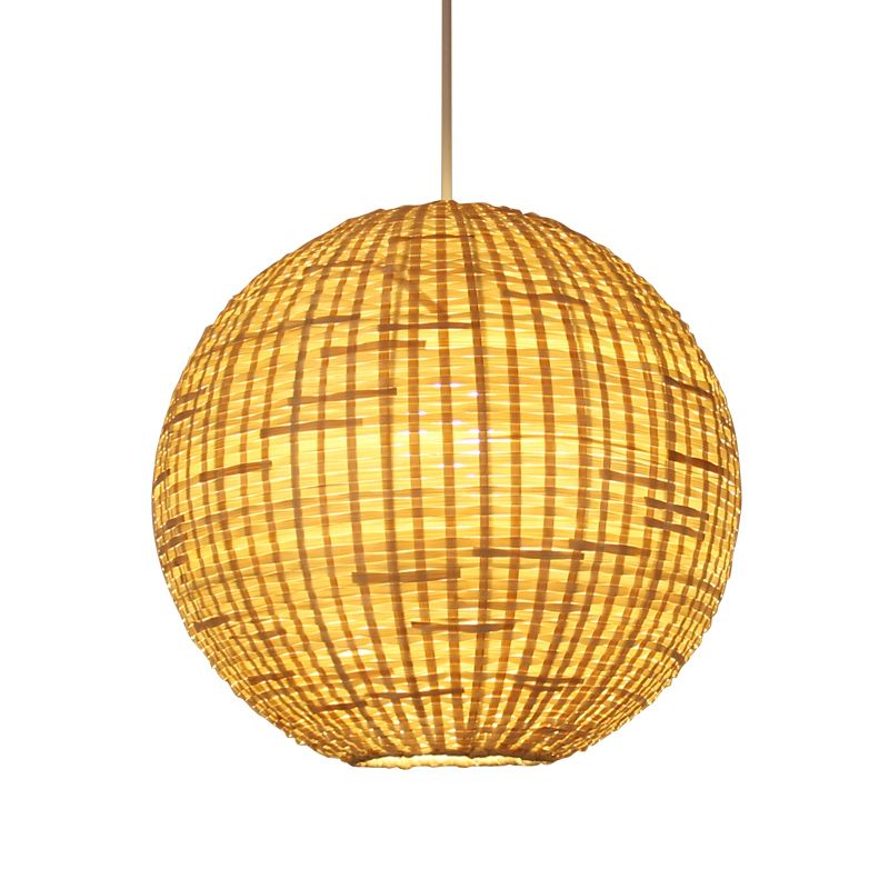 Spherical Pendant Ceiling Light Asian Bamboo 1 Bulb Beige Suspension Lighting for Restaurant