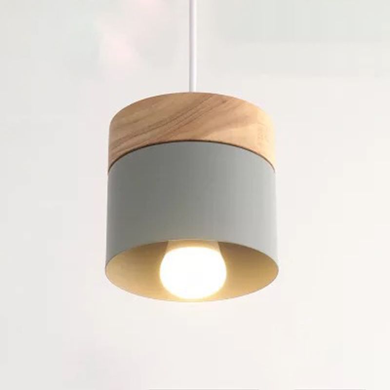 Cylindrical Metal Hanging Lamp Minimalist 1-Light Wood Pendant Light Fixture over Table