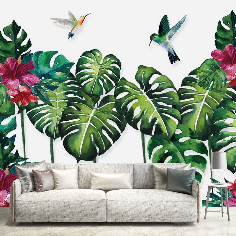 Tropical Monstera Plant Leaf Murals Purple-Green Stain Resistant Wall Art for Home