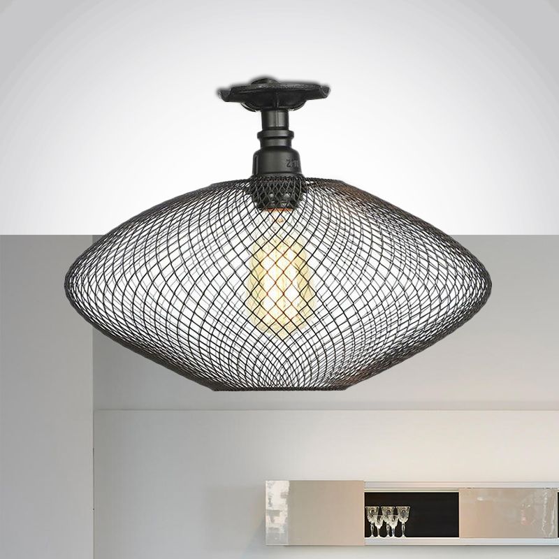 1 Bulb Saucer/Barrel Semi Flush Light Industrial Stylish Black Finish Metal Ceiling Mounted Light with Mesh Screen