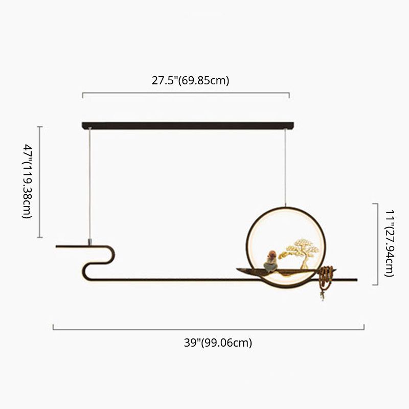 Minimalist Artistry Linear Hanging Lamp Metal Study Room LED Island Light with Monk and Tree Decor
