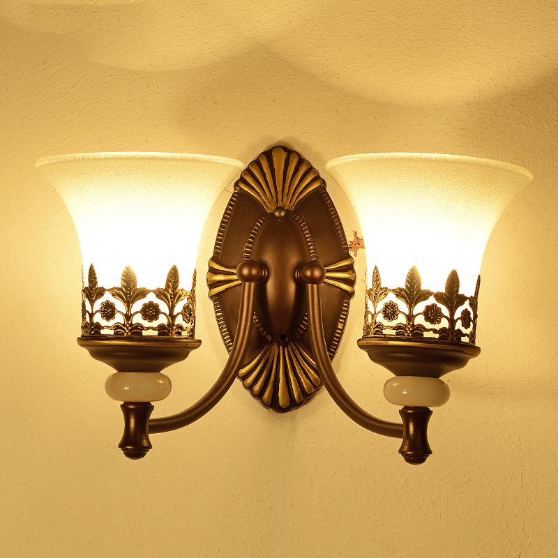 Flared Bedroom Sconce Light Fixture Rustic Frosted White Glass Wall Mounted Lamp