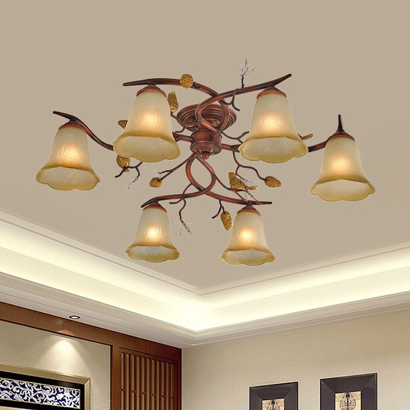 Salle à manger cloche semi-lustre à lustre rural verre ambre verre 6-tête plafonnier brun rouge avec pinone décoratif