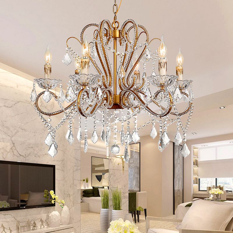 6/8 Lights Curving Chandelier Lighting Rural Style Brass Crystal Hanging Ceiling Light for Living Room