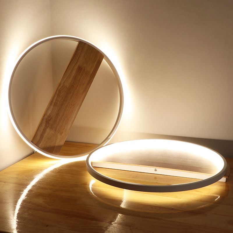 Modern LED Ceiling Light Fixture White Circular Ceiling Mounted Light with Wooden Shade