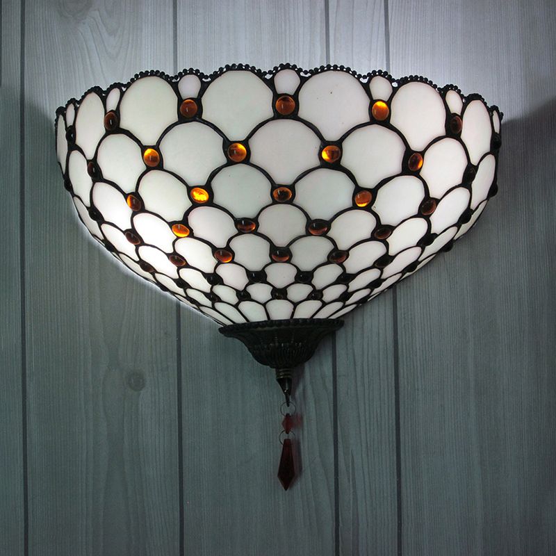 Fish Scale Wall Sconce with Bowl Shade White Glass 1 Light Vintage Wall Mount Light for Outdoor
