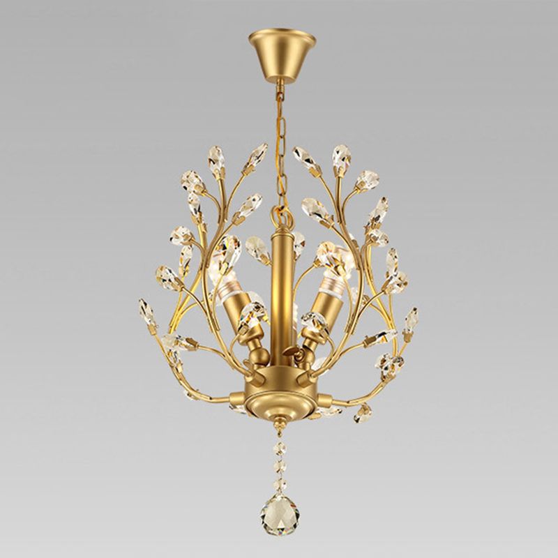 Country Style Foliage Chandelier Metal Suspension Light with Crystal Decor in Gold