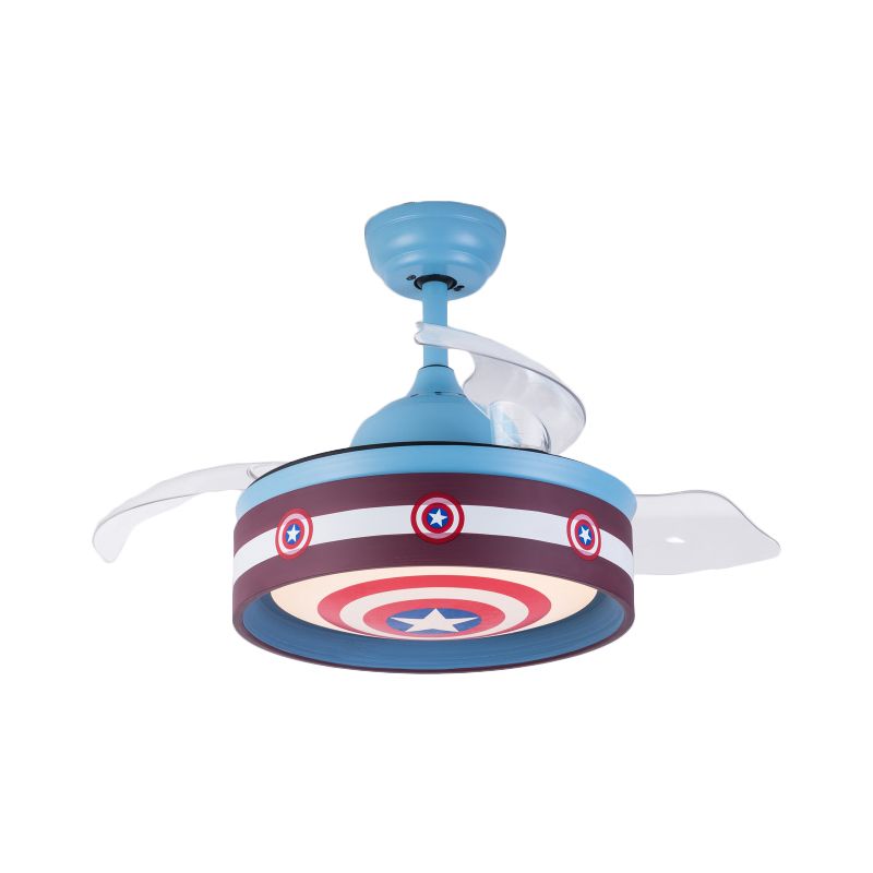 Roze/blauw ronde 3 bladen semi -flush light kids led metallic hangende plafondventilator lamp met heldenschildpatroon, 36 "breed