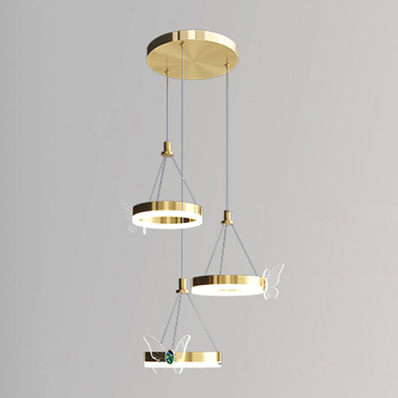 Brass Ring LED Pendant Minimalist Metal Hanging Light with Butterfly Decoration