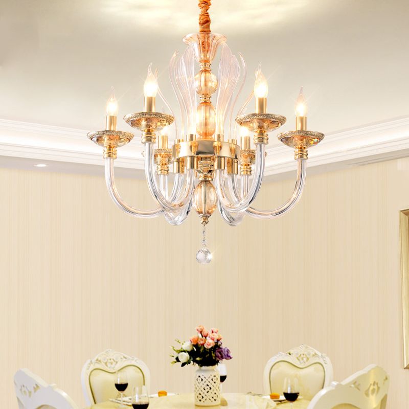 Golden Curved Chandelier Modern 6 Heads Clear Glass Ceiling Pendant Light with Crystal Drop