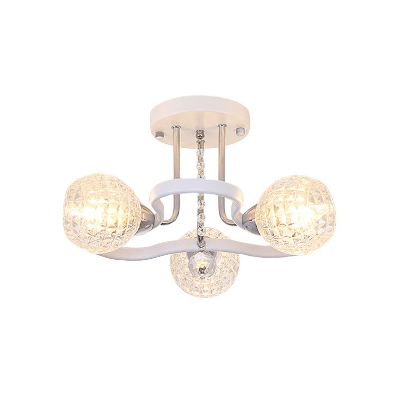 Clear Lattice Glass Ball Semi Flush Modernism 3/5 Lights Bedroom Ceiling Mounted Light in White