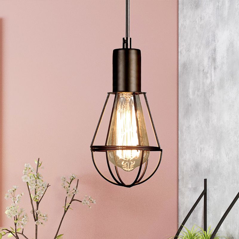 Black Small Cage Pendant Light Industrial Vintage Metallic 1 Head Living Room Hanging Lamp