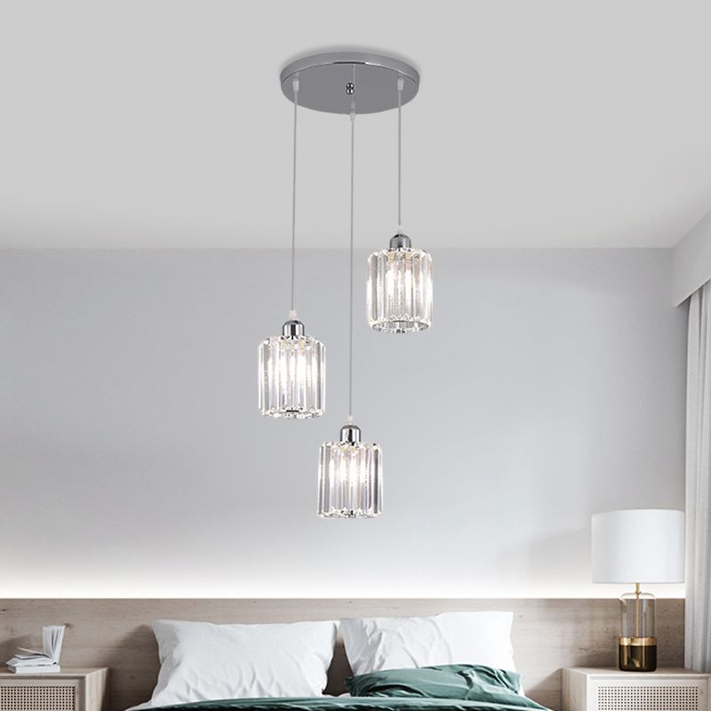 Cylinder Clear Crystal Block Multi Light Pendant Modernism 3 Bulbs Chrome Hanging Lamp Kit