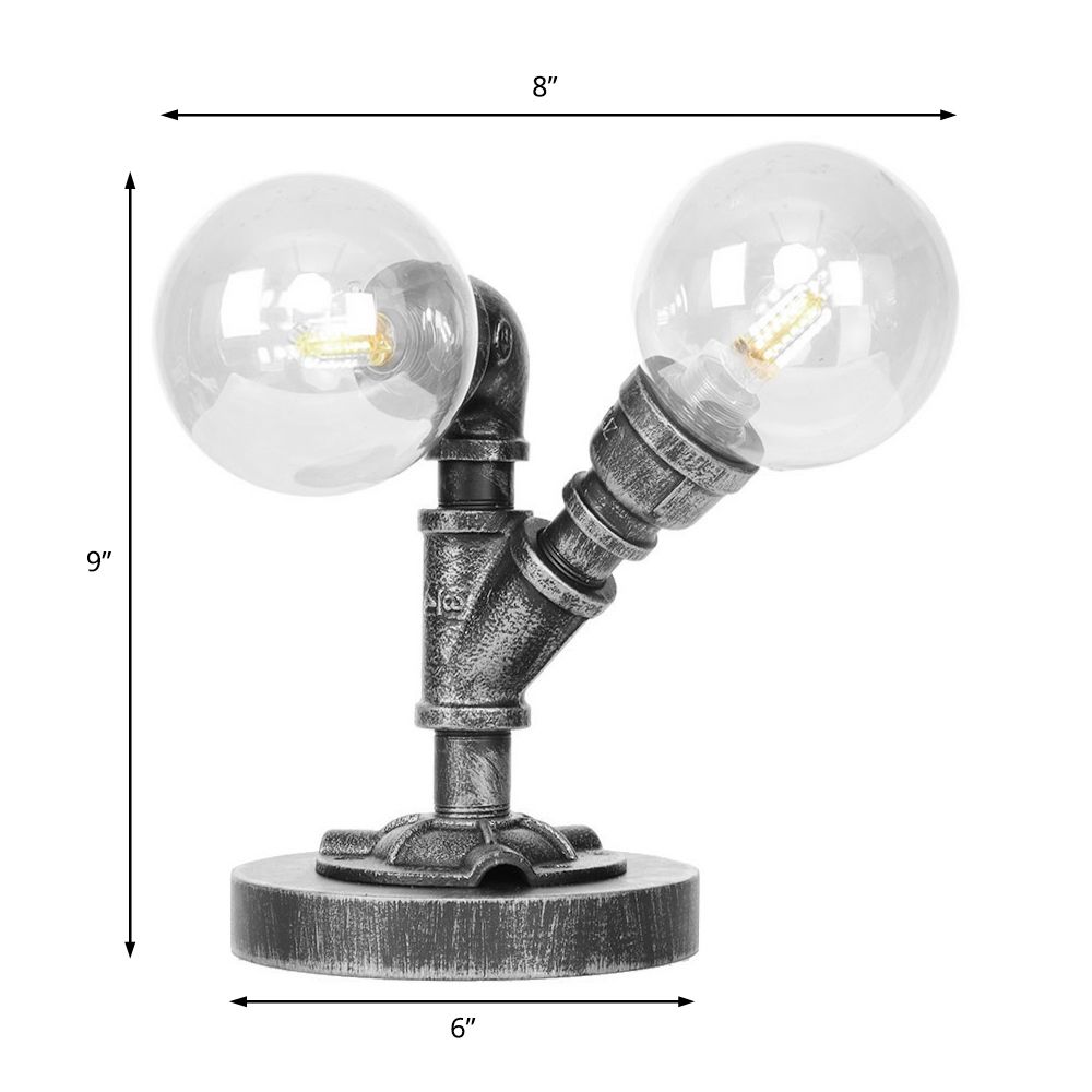 Lámpara de escritorio de 2 luces Sombra redonda industrial de sombra transparente/iluminación de mesa de vidrio ámbar en plata antigua