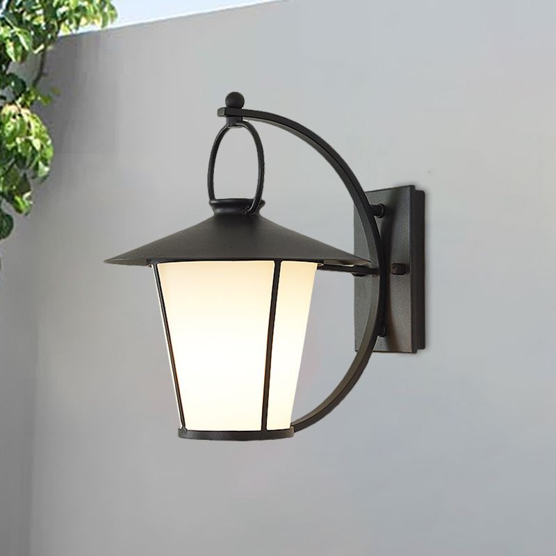 Conical Opal Glass Wall Mount Light Vintage 1-Head Courtyard Wall Lighting Ideas with Arc Arm in Black/Brass