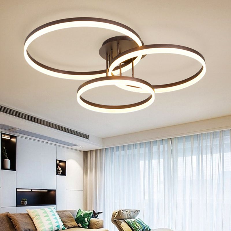 Plafoniera moderna in acrilico a 3 anelli da 31,5"/35,5" Lampada da soffitto moderna a LED marrone con montaggio a semi-incasso in luce calda/bianca/naturale