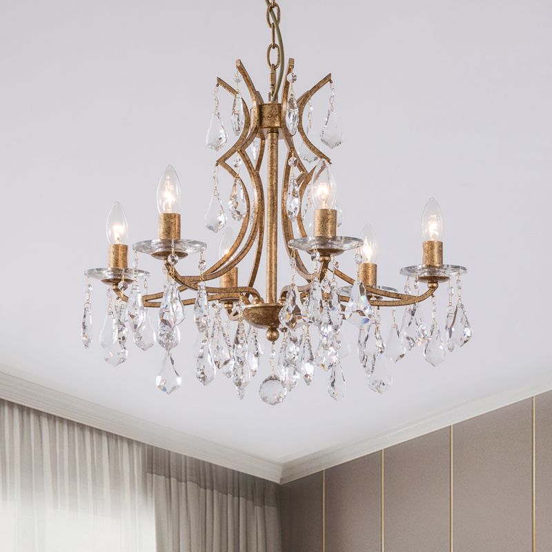 Goud 6 bollen kroonluchter verlichting vintage gefacetteerd kristal single -lagen plafond hanglampje met bobeche