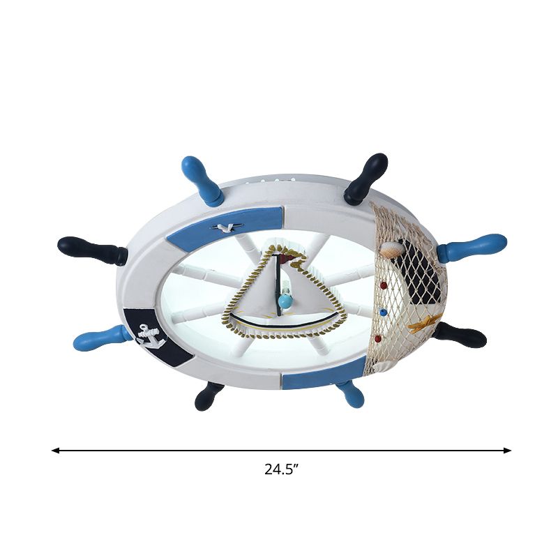 Acrylic Circle Flush Mount Light Nautical LED Ceiling Fixture with Wood Rudder Deco in Blue