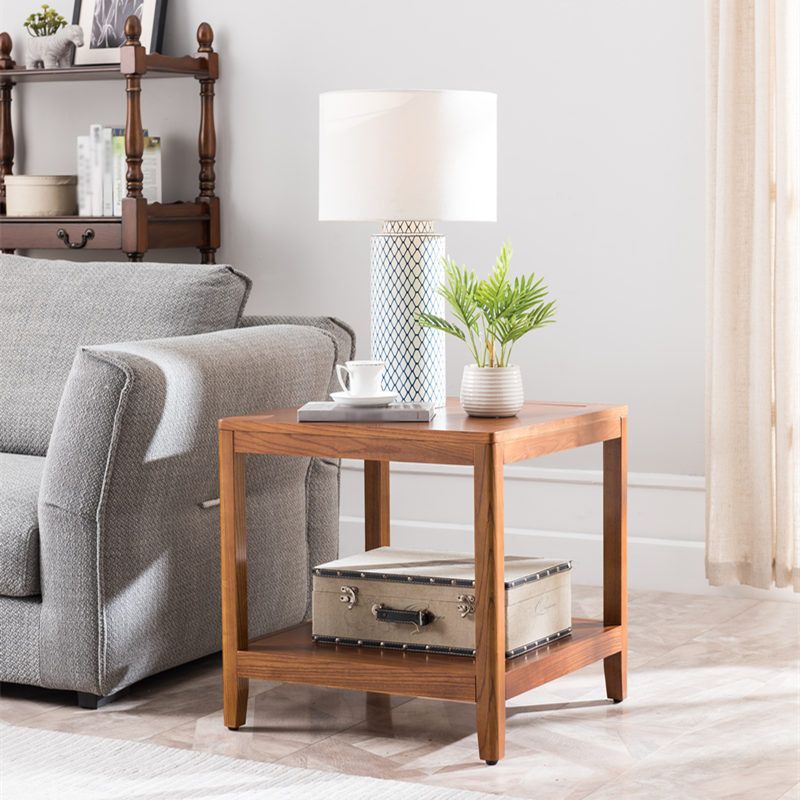 Farmhouse Wood Square Side Table Two-Tier Sofa End Table for Living Room