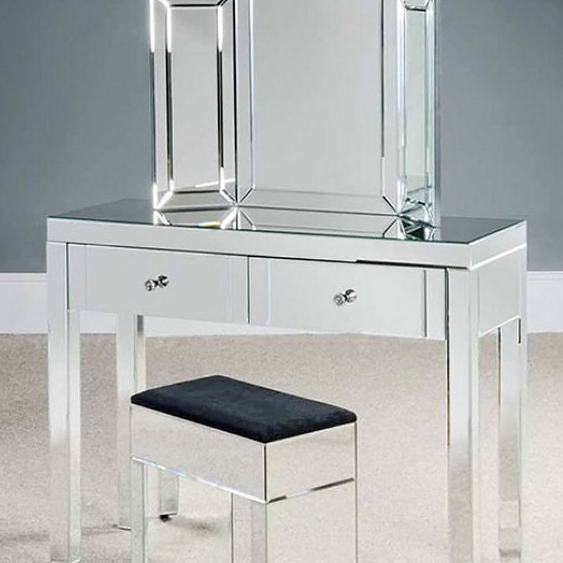 Glass Vanity Set with Tri-Fold 13.77" Wide Make-up Vanity with 2 Storage Drawers