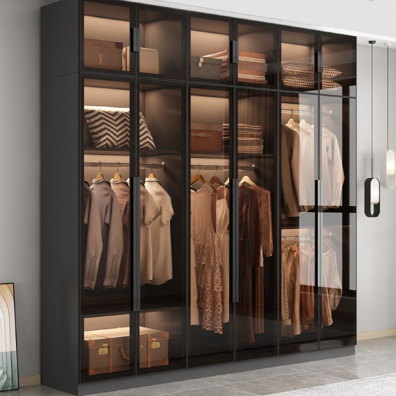 Freestanding Grey Wood Frame Wardrobe Modern Multifunctional Wardrobe with Glass Doors