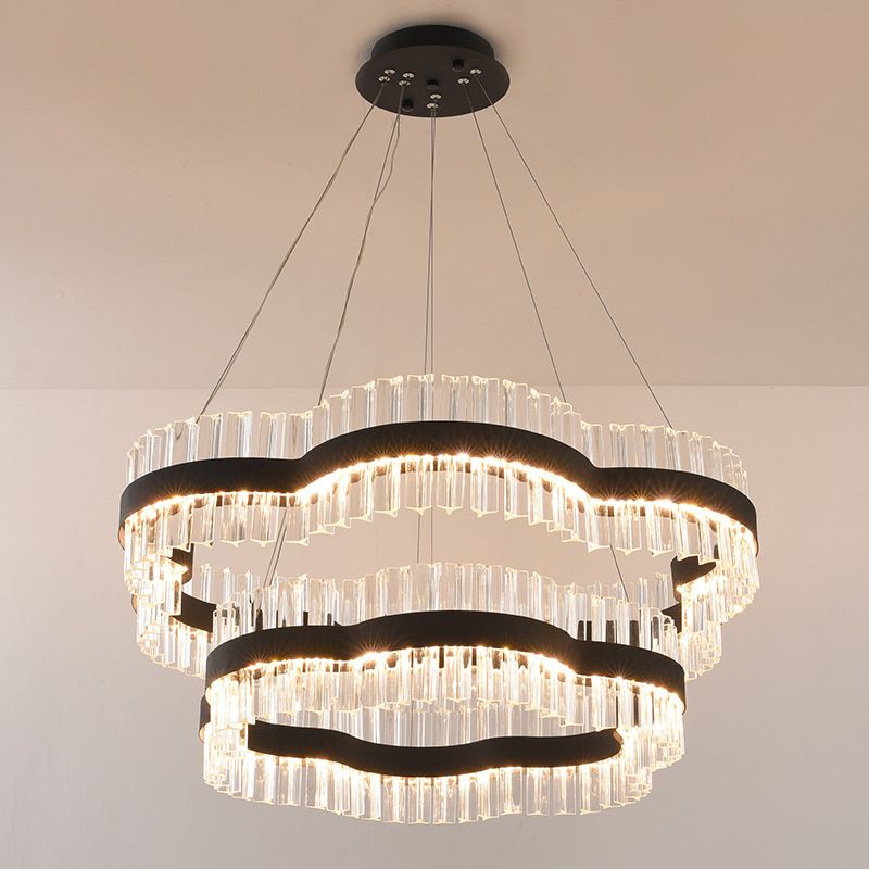 1/2 Tiers Flower Living Room Ceiling Chandelier Crystal 23.5"/31.5" Wide Led Minimalist Hanging Light Kit in Black/Gold