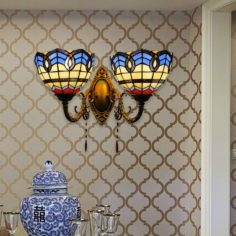 Baroque Bowl-Shaped Wall Fixture Light Stained Glass 2 Lights Wall Sconce Lighting for Living Room