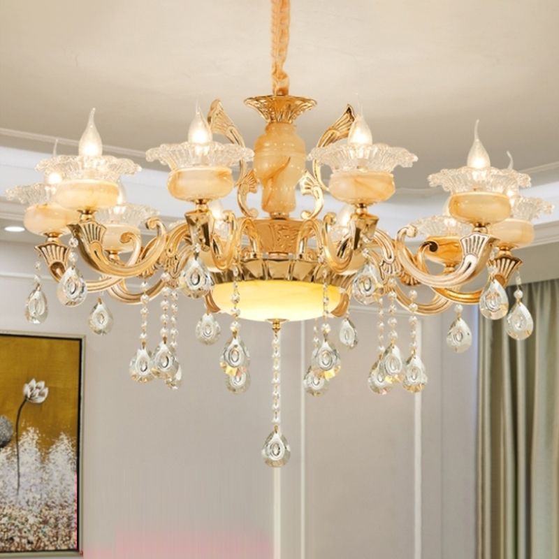 Gouden bloemenschaduw kroonluchter licht retro glas woonkamer hanglamp lamp met hangende kristal