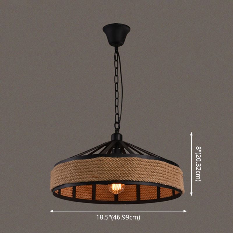 Trommelmetaal hanglamp industrieel 1 licht touw hangende lamp in zwart