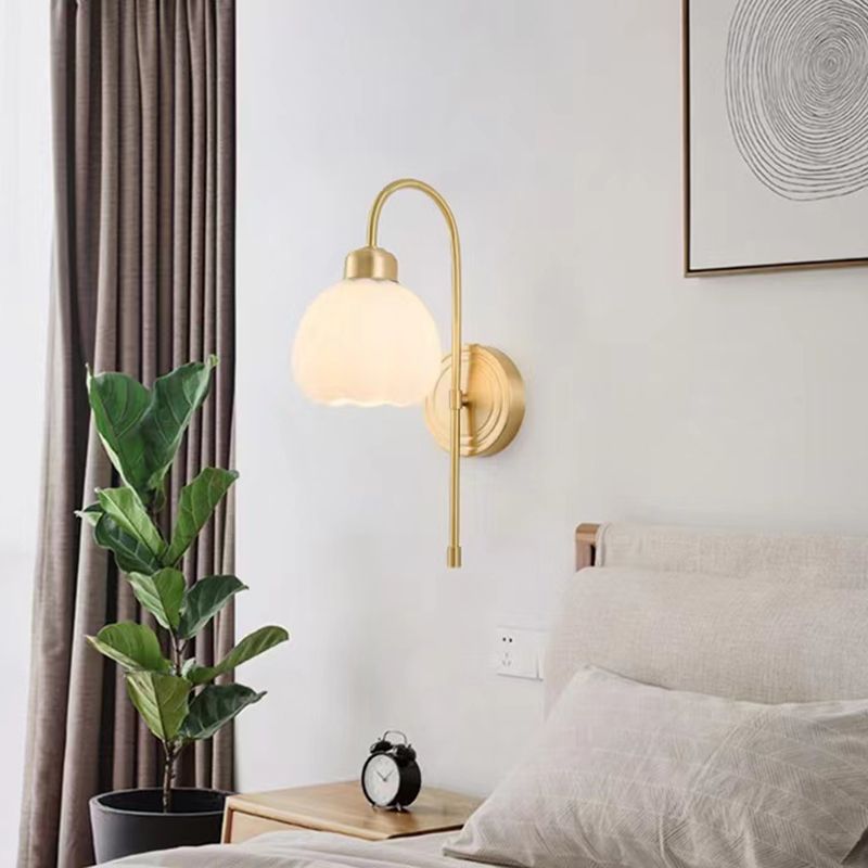 Modern Metal Wall Sconce Bud Shape Wall Light with Glass Shade for Bedroom in Gold