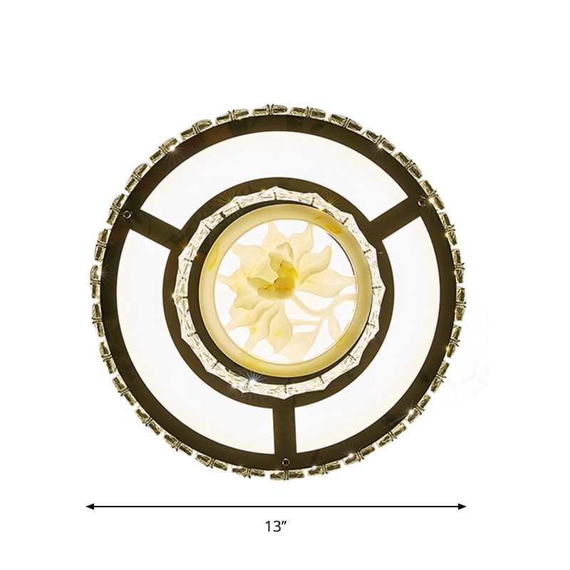 Modern Round/Square Flush Mount Light Faceted Crystal LED Nickel Ceiling Lighting with Floral Design