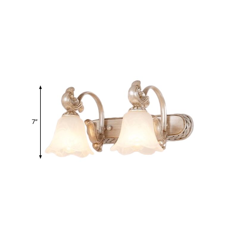 Traditional Flower Shade Vanity Wall Sconce Milk Glass 2/3 Heads Bathroom Wall Light with Curved Arm in Khaki