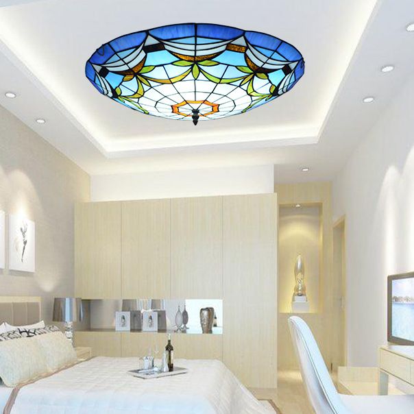Tiffany Style Dome Flush Ceiling Light Hand Rolled Art Glass Ceiling Light for Bedroom