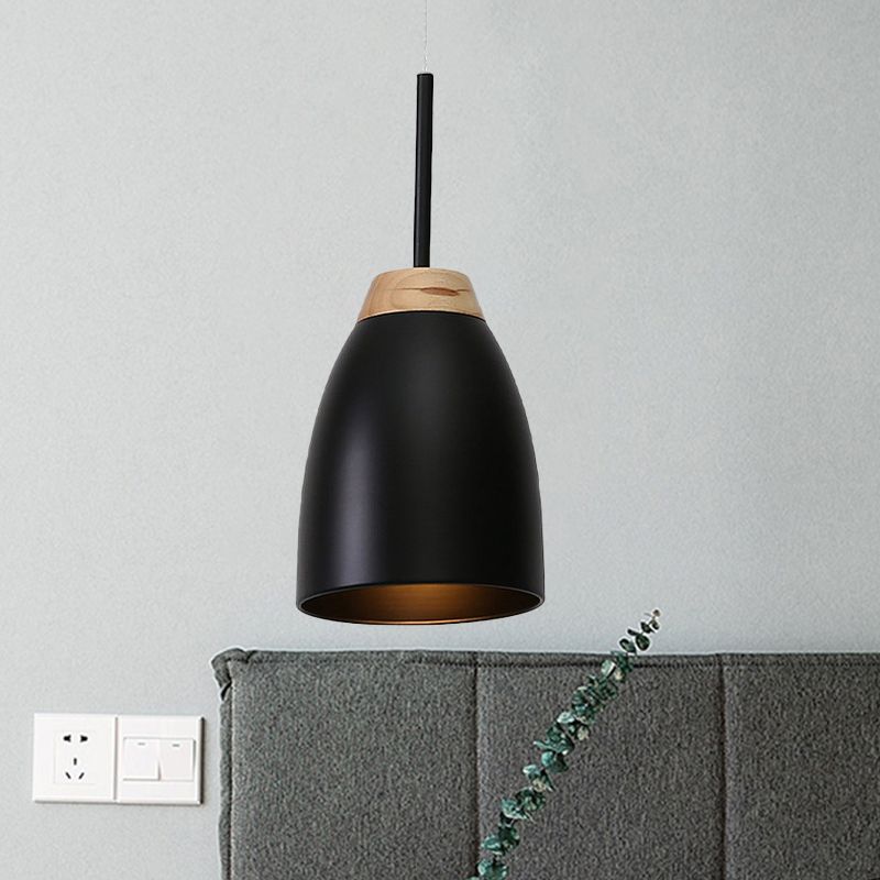 Bell Drop Pendant Light Minimal Metal 1 Bulb White/Black and Wood Hanging Ceiling Lamp over Table