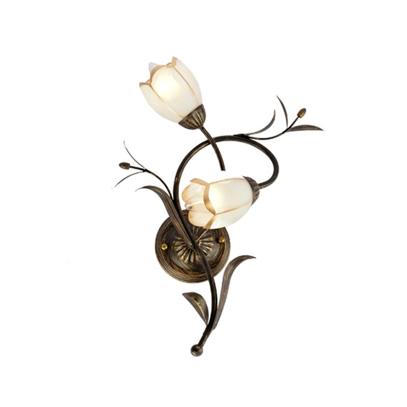 2 Heads Floral Shape Wall Lighting Traditional White Glass Sconce Lamp with Metal Backplate, Left/Right
