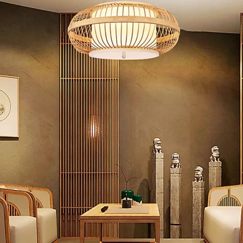 Curved Drum Flush Light Fixtures Rattan Japanese Flush Mount Ceiling Light Fixture