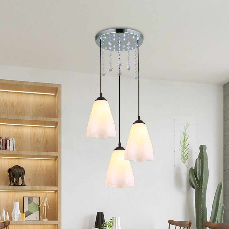 Éclairage en verre blanc floral Éclairage minimaliste à 3 légers Multi Light Light avec accent en cristal