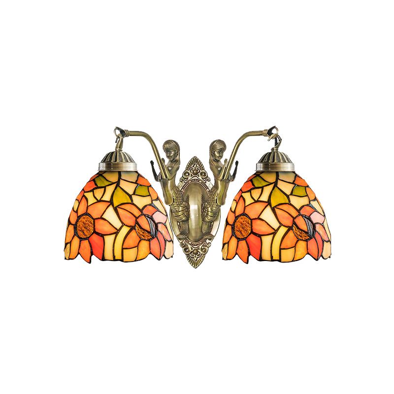 Stained Glass Domed Wall Lighting Tiffany 2-Bulb Beige/Orange Floral Patterned Sconce Light with Mermaid Arm for Bedroom